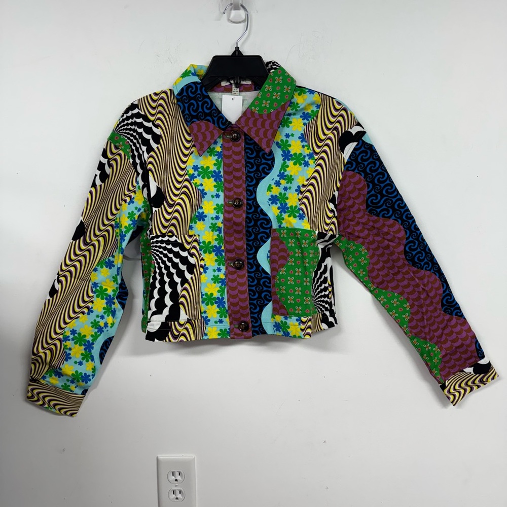 Green and Blue Jean Jacket with Geometric Patterns